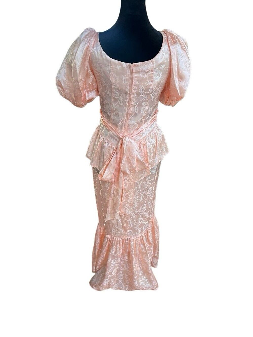 1980 VTG Gunne Sax Pink Floral Satin Puff Sleeve Ruffle Gown Size 7 - Picture 6 of 10